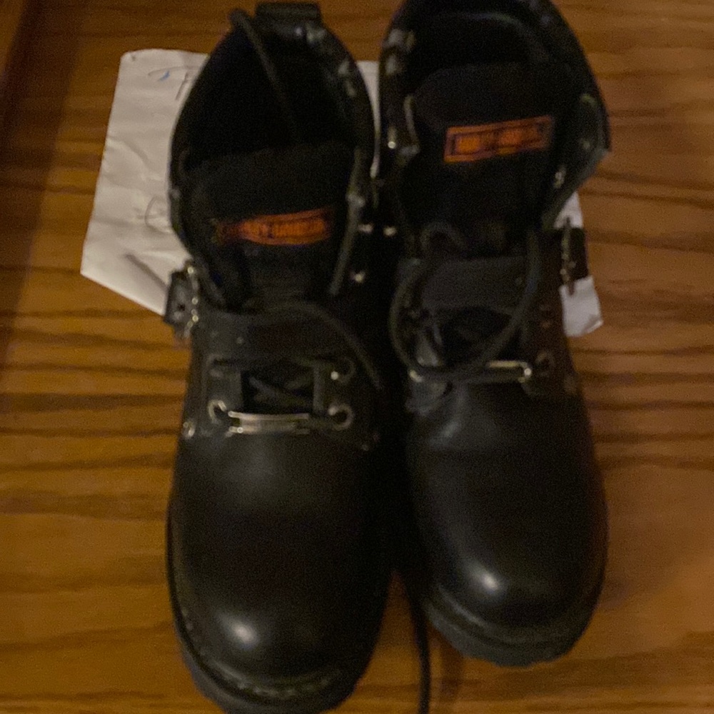 A pair of shoes are Harley Davidson boots